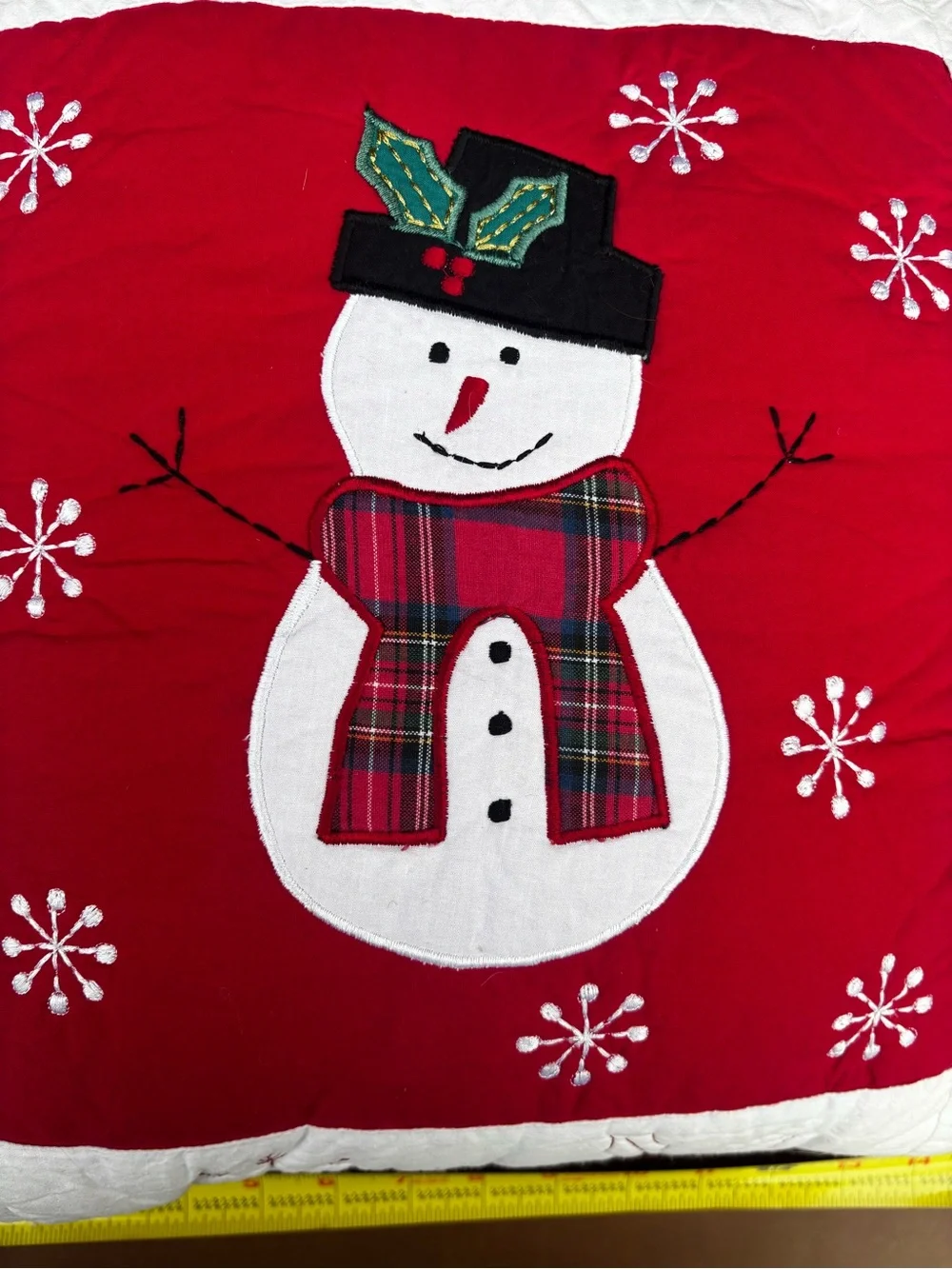 Festive Snowman Holiday Throw Pillow - Red and White quilt vintage